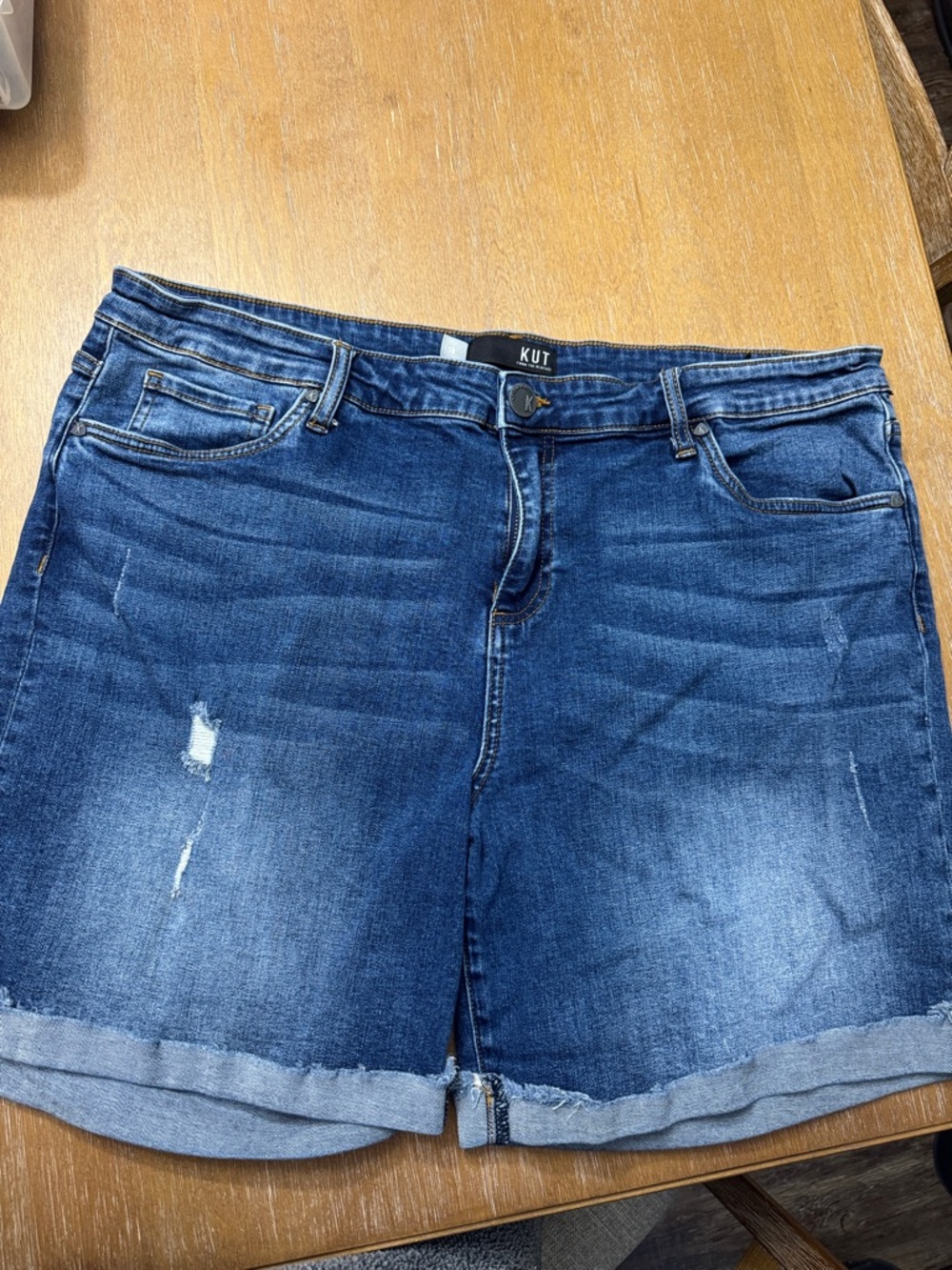 Kut from the Kloth Distressed Dark Blue Rolled-Hem Jean Shorts